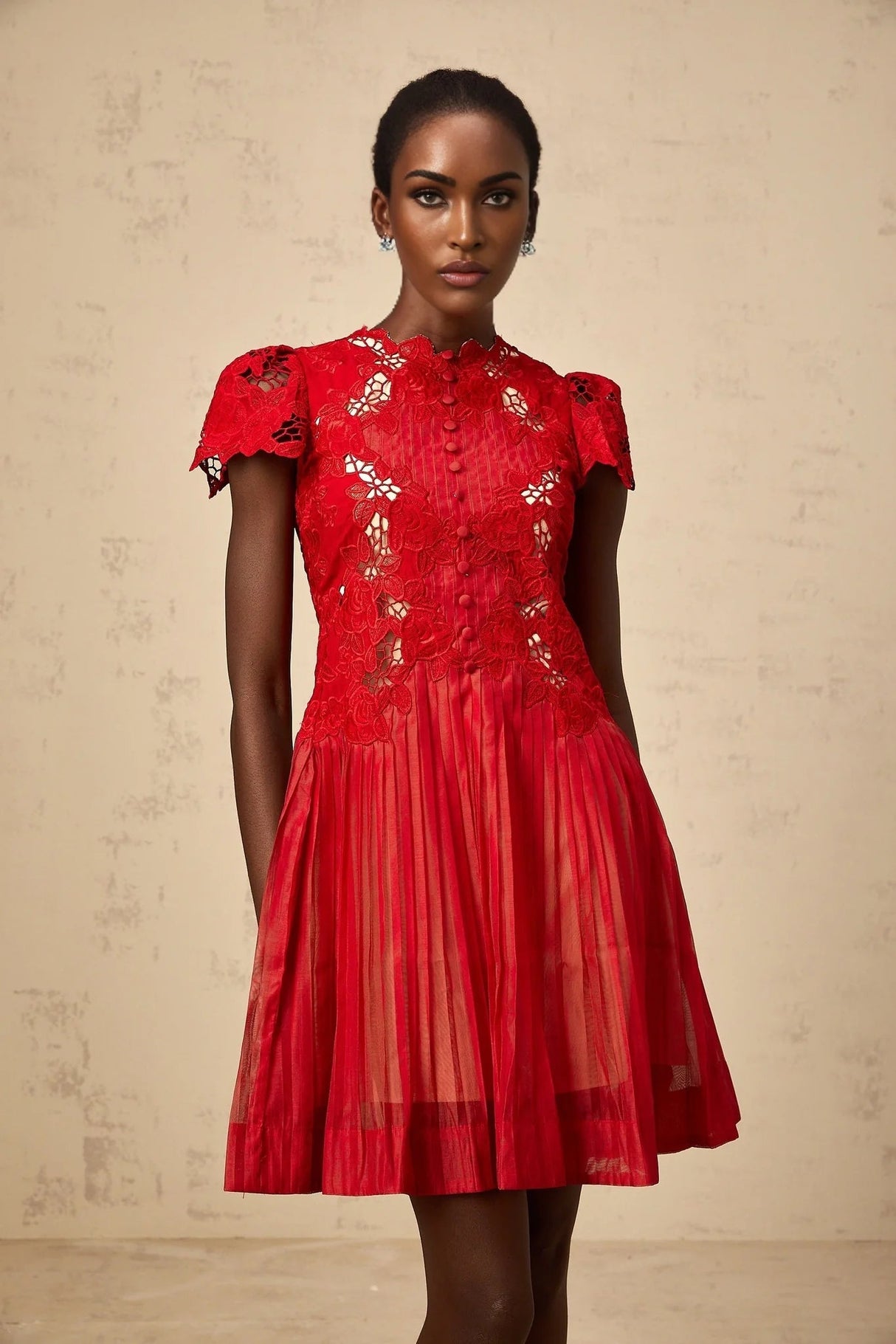 Holly Mini Dress Red Flower Embroidered & Pleated