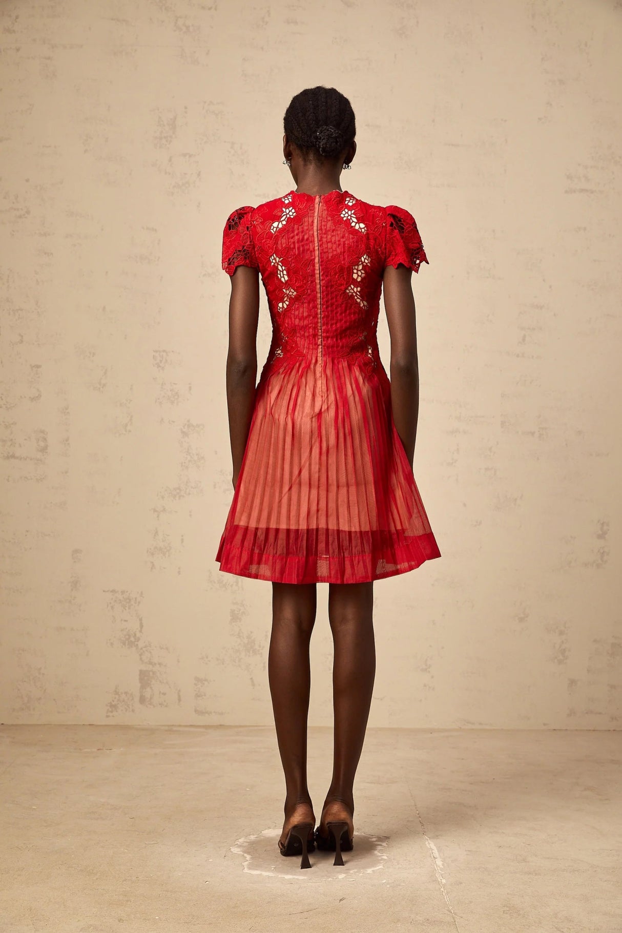 Holly Mini Dress Red Flower Embroidered & Pleated