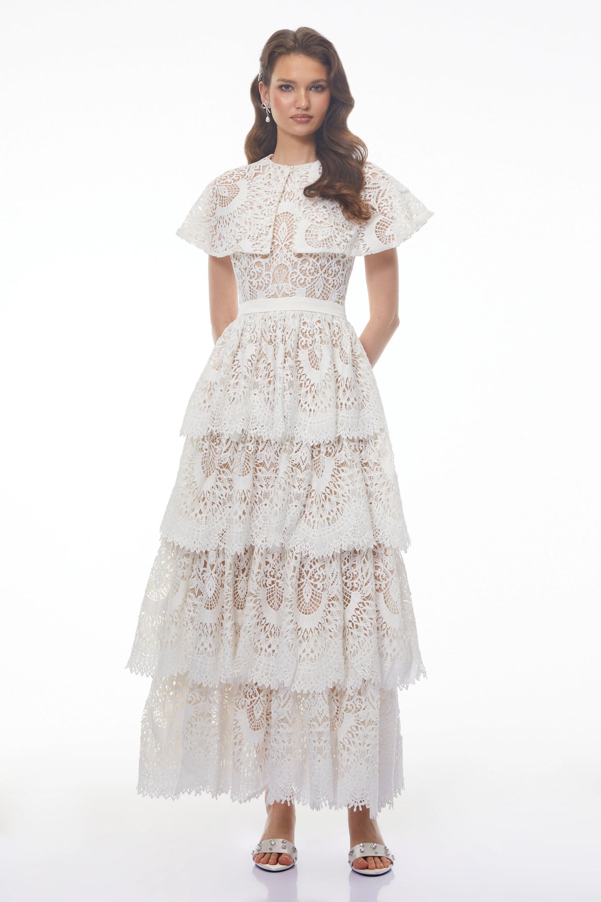 Homa White Tiered Lace Maxi Dress with Cape