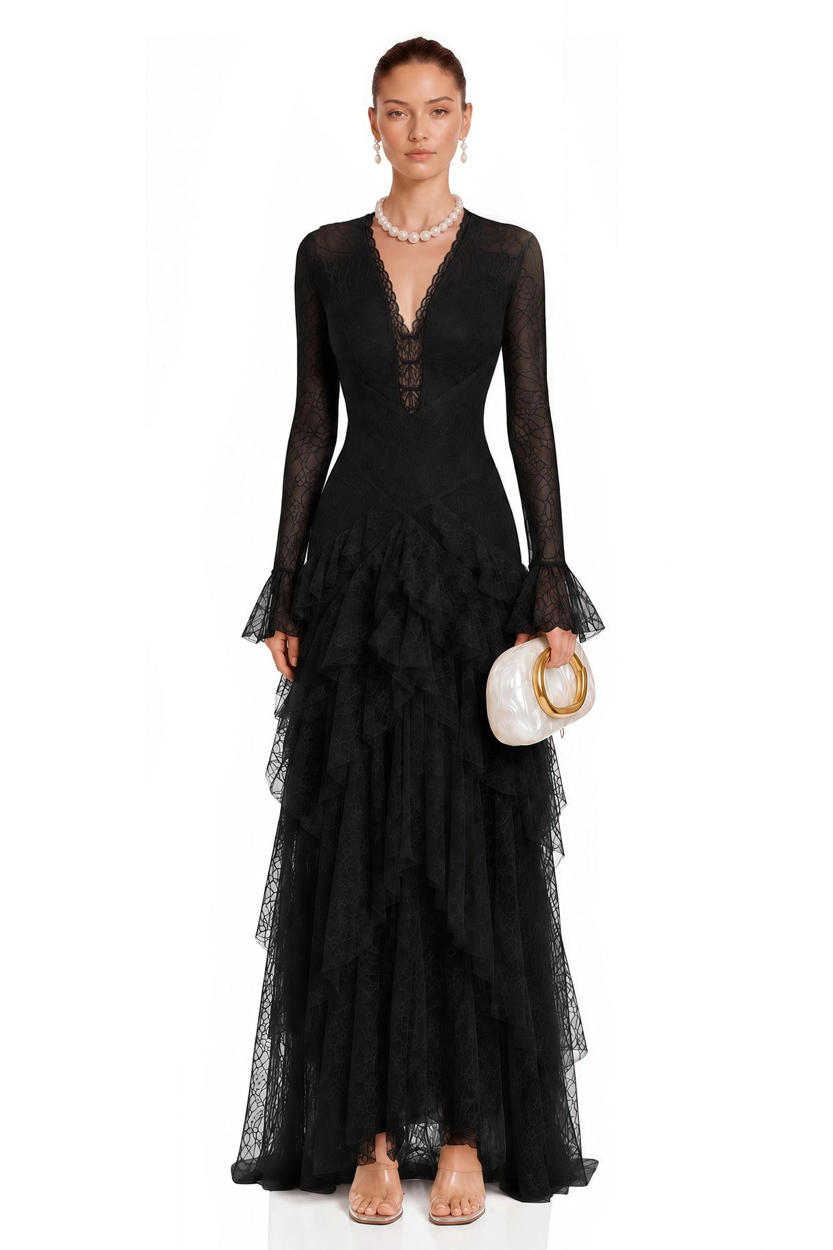 Humayma Black Lace Tiered Midi Dress