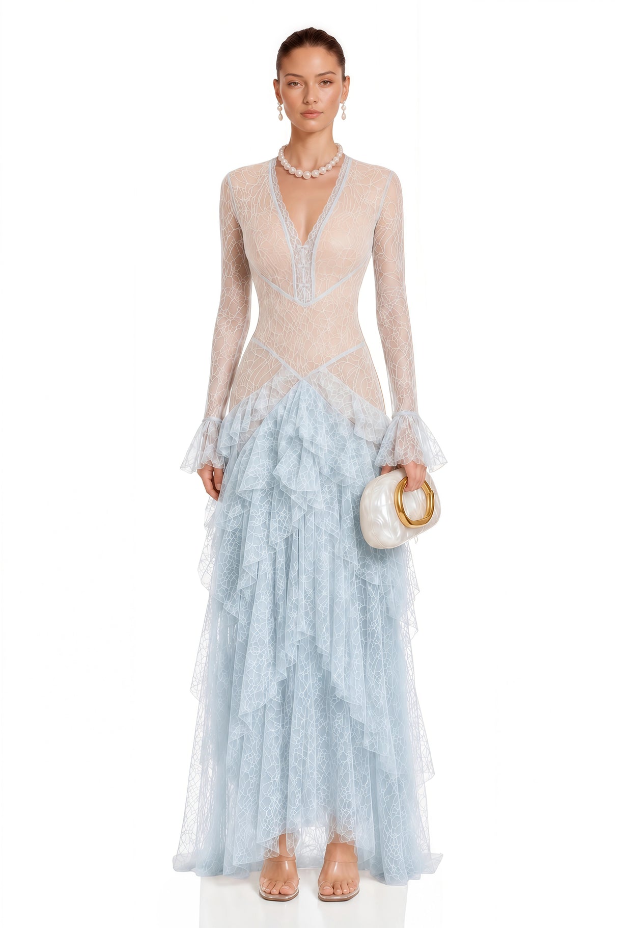 Humayma Blue Lace Tiered Midi Dress