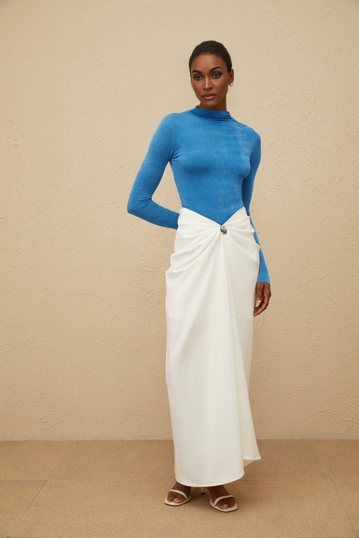 Hunter Bodysuit & Skirt Set - Turtleneck Top - Fitted Silhouette - Ruched Detailing - Embossed Hardware - Maxi Length