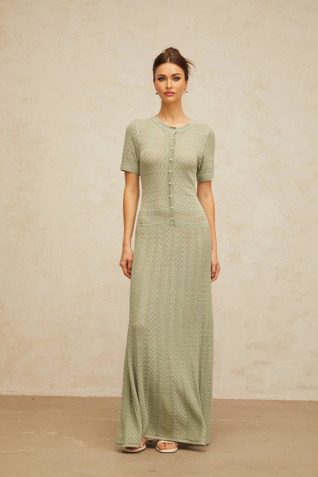 Hunter Maxi Dress Green Crochet - Knit Shirred & Pearl Buttons