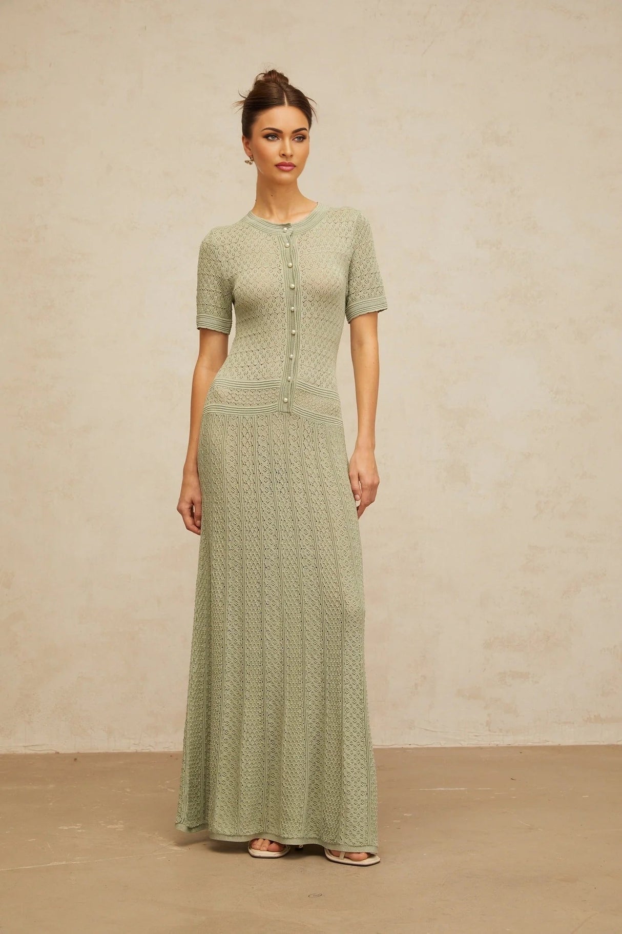 Hunter Maxi Dress Green Crochet - Knit Shirred & Pearl Buttons