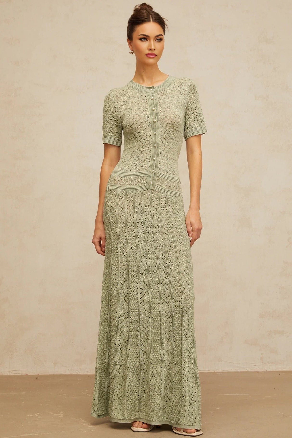 Hunter Maxi Dress Green Crochet - Knit Shirred & Pearl Buttons