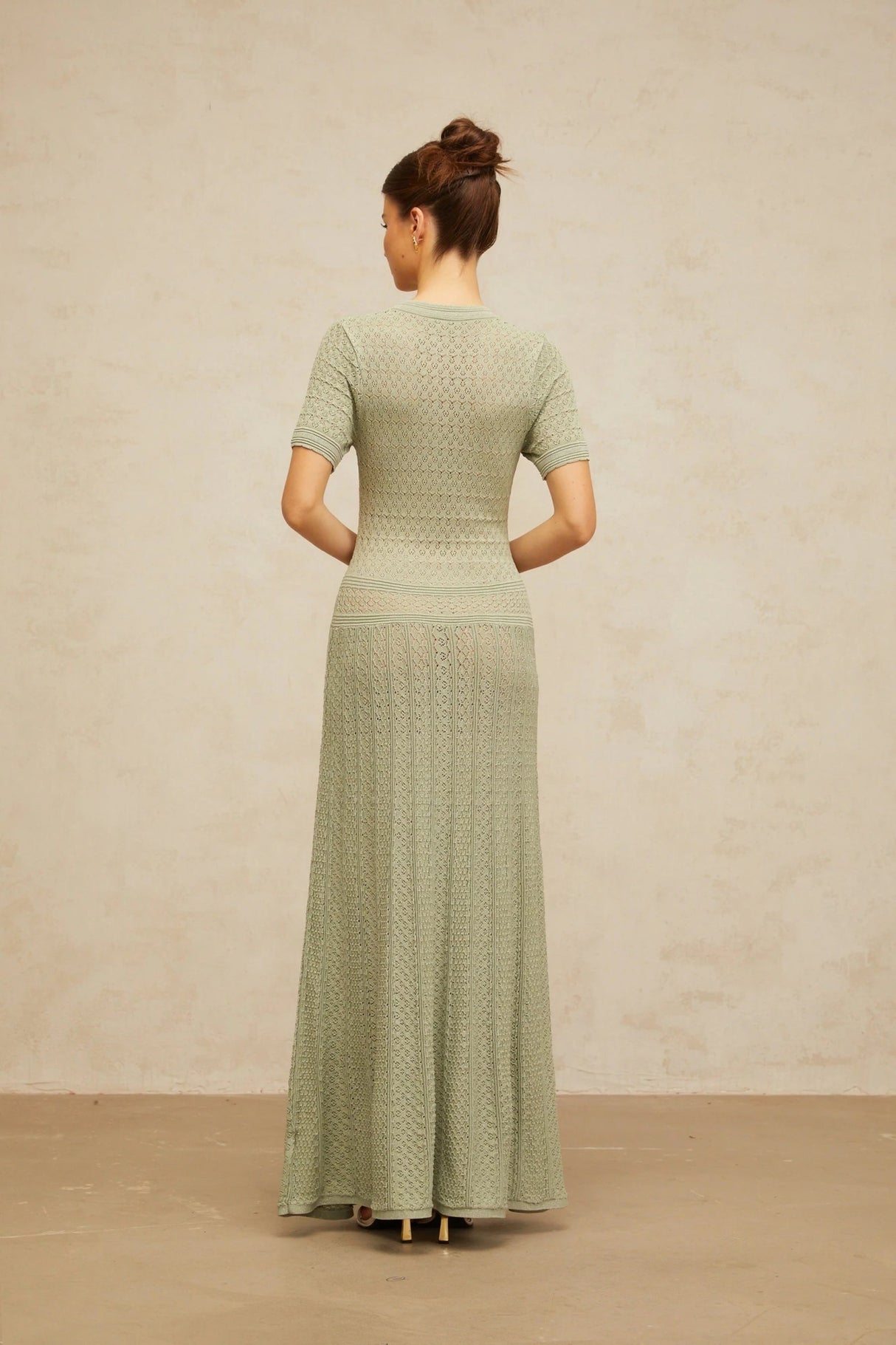 Hunter Maxi Dress Green Crochet - Knit Shirred & Pearl Buttons