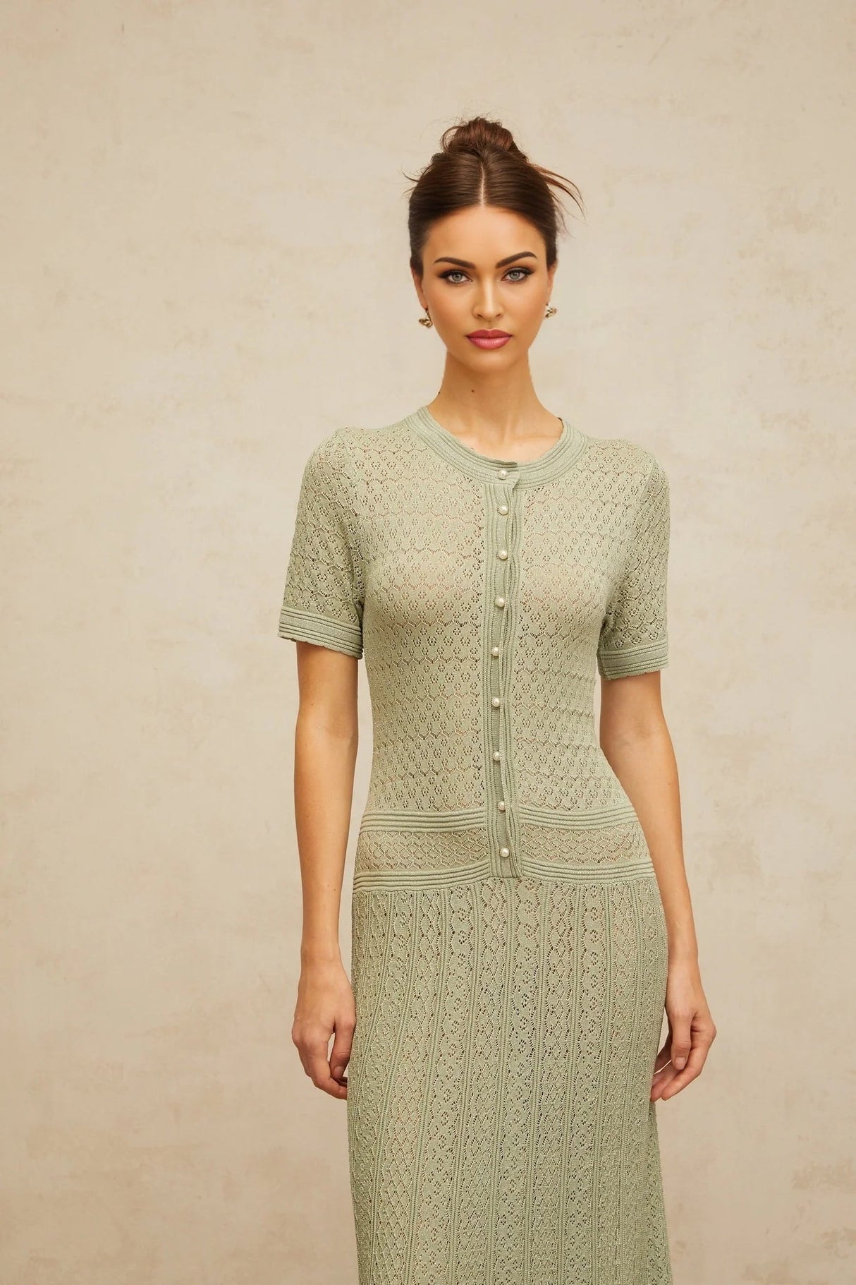 Hunter Maxi Dress Green Crochet - Knit Shirred & Pearl Buttons