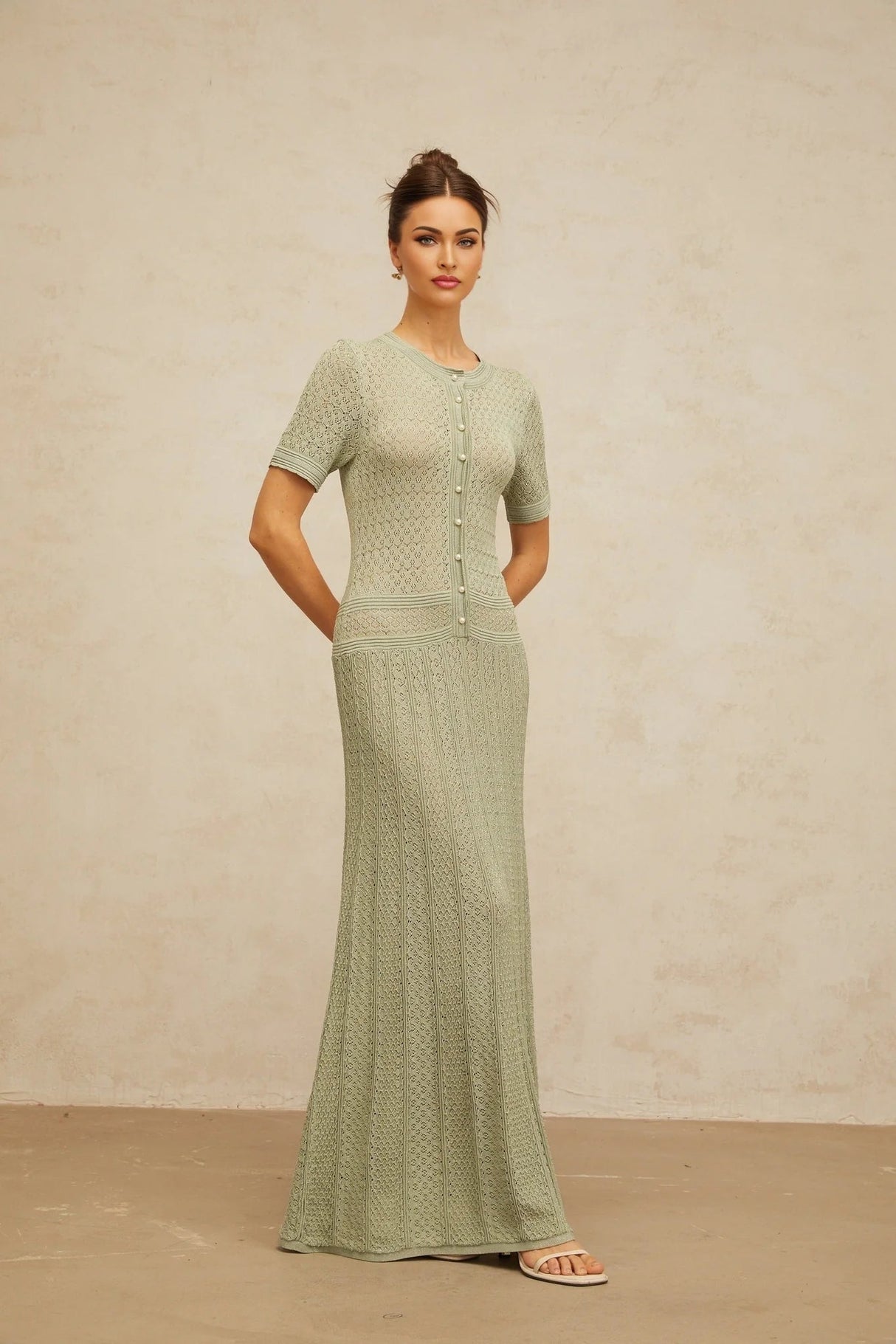 Hunter Maxi Dress Green Crochet - Knit Shirred & Pearl Buttons