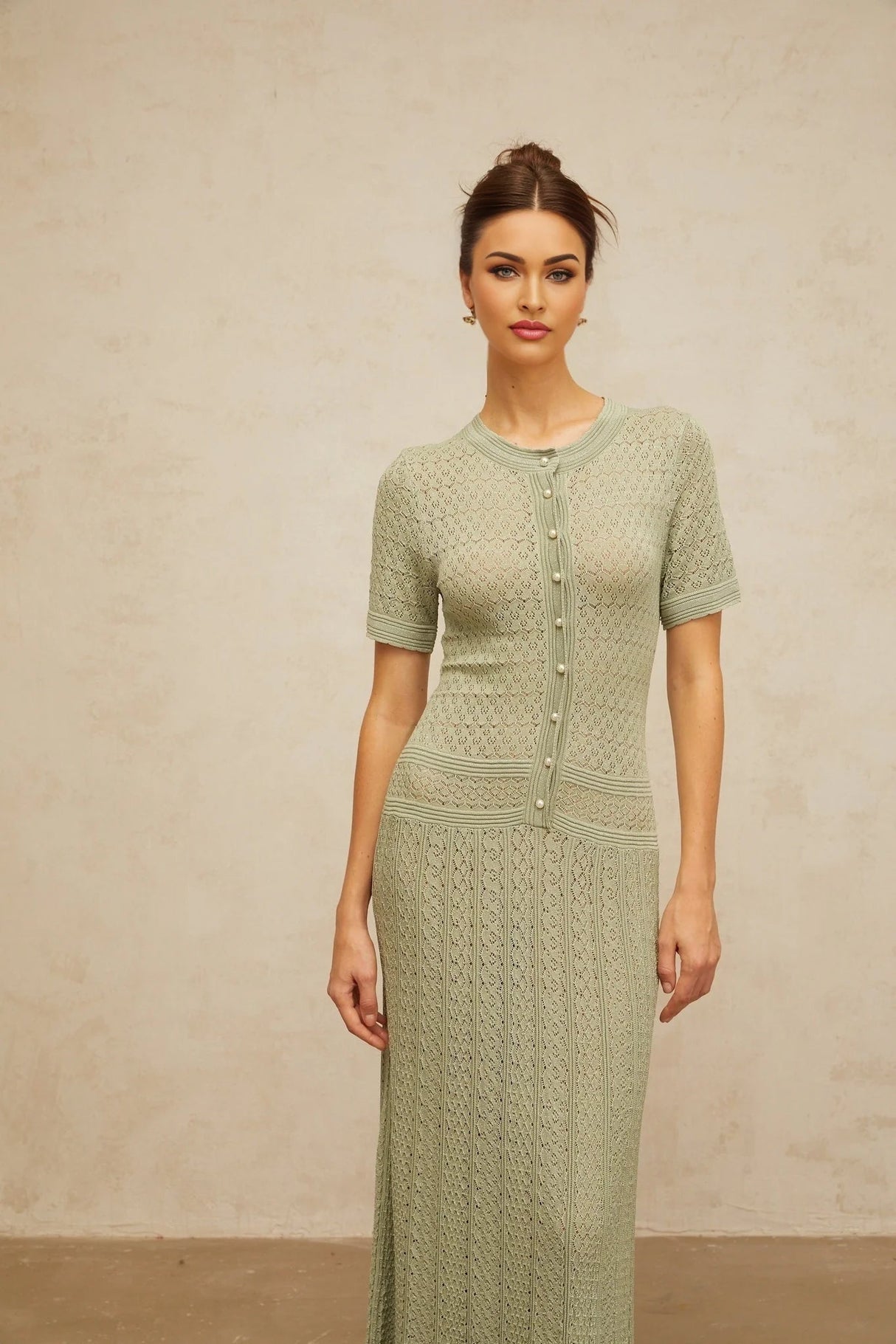 Hunter Maxi Dress Green Crochet - Knit Shirred & Pearl Buttons