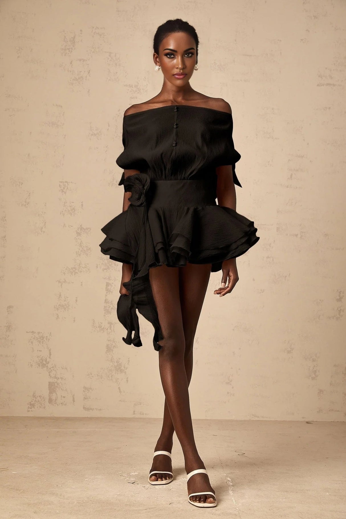 Hunter Mini Dress Black Floral Appliqu Flounce Hem Tie - Back