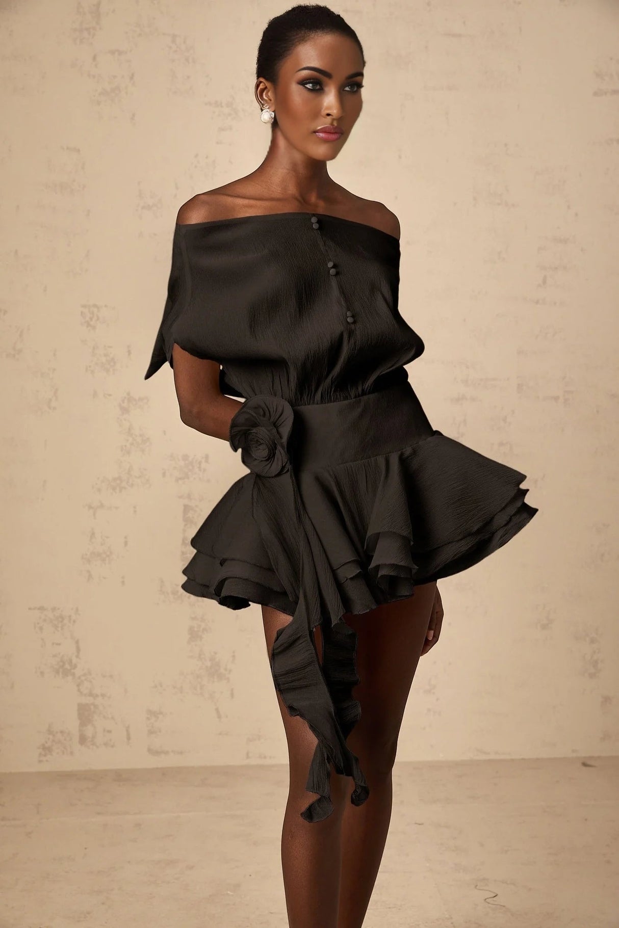 Hunter Mini Dress Black Floral Appliqu Flounce Hem Tie - Back