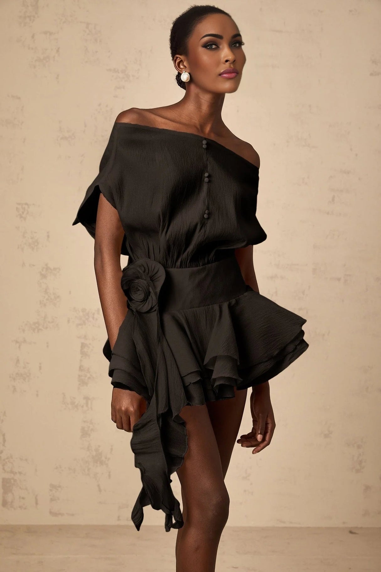 Hunter Mini Dress Black Floral Appliqu Flounce Hem Tie - Back