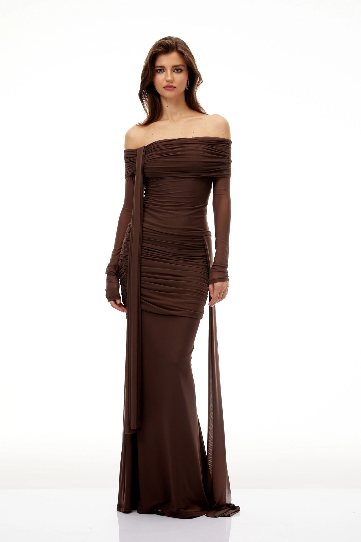 Hyacinthe Brown Asymmetrical Ruched Top Skirt Set