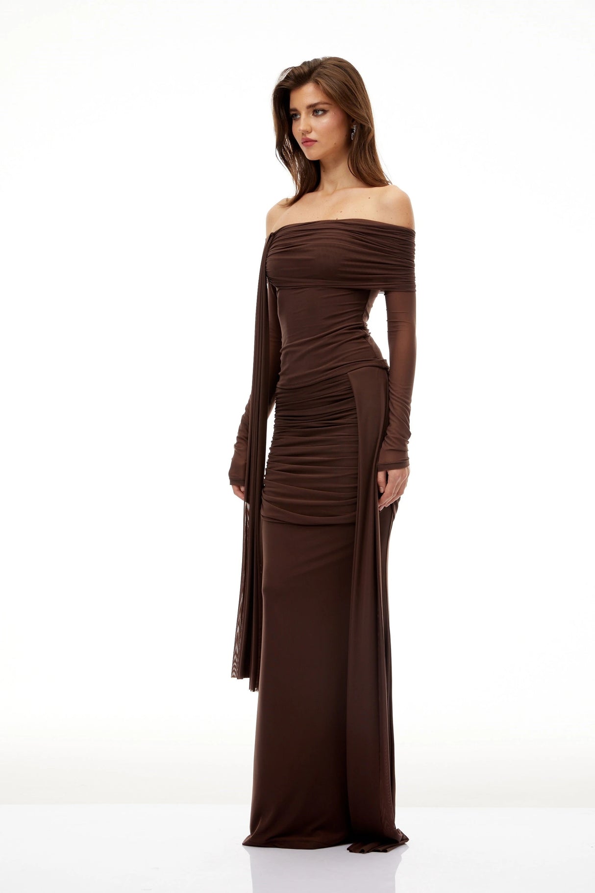 Hyacinthe Brown Asymmetrical Ruched Top Skirt Set