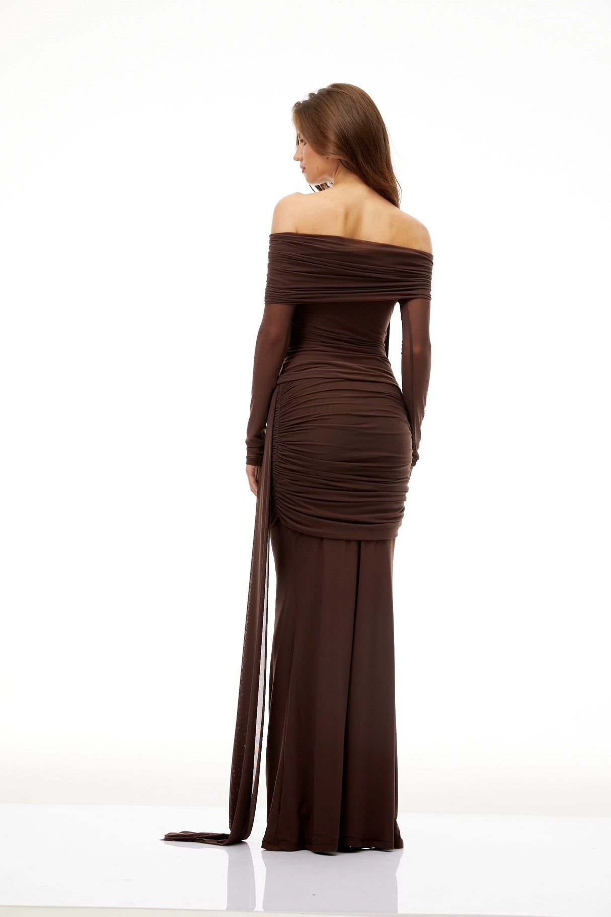 Hyacinthe Brown Asymmetrical Ruched Top Skirt Set