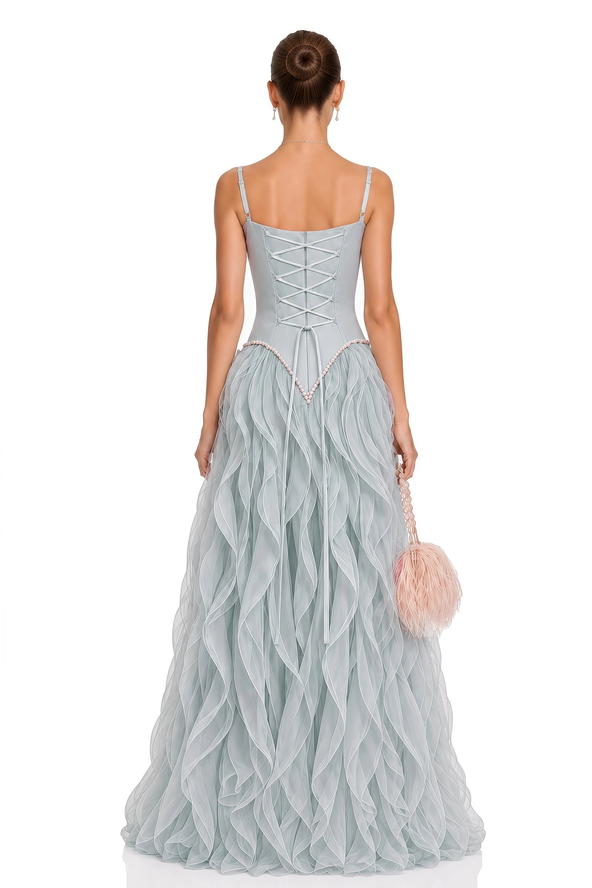 Ianthe Dusty Blue Ruffled Tulle Maxi Dress Without Gloves