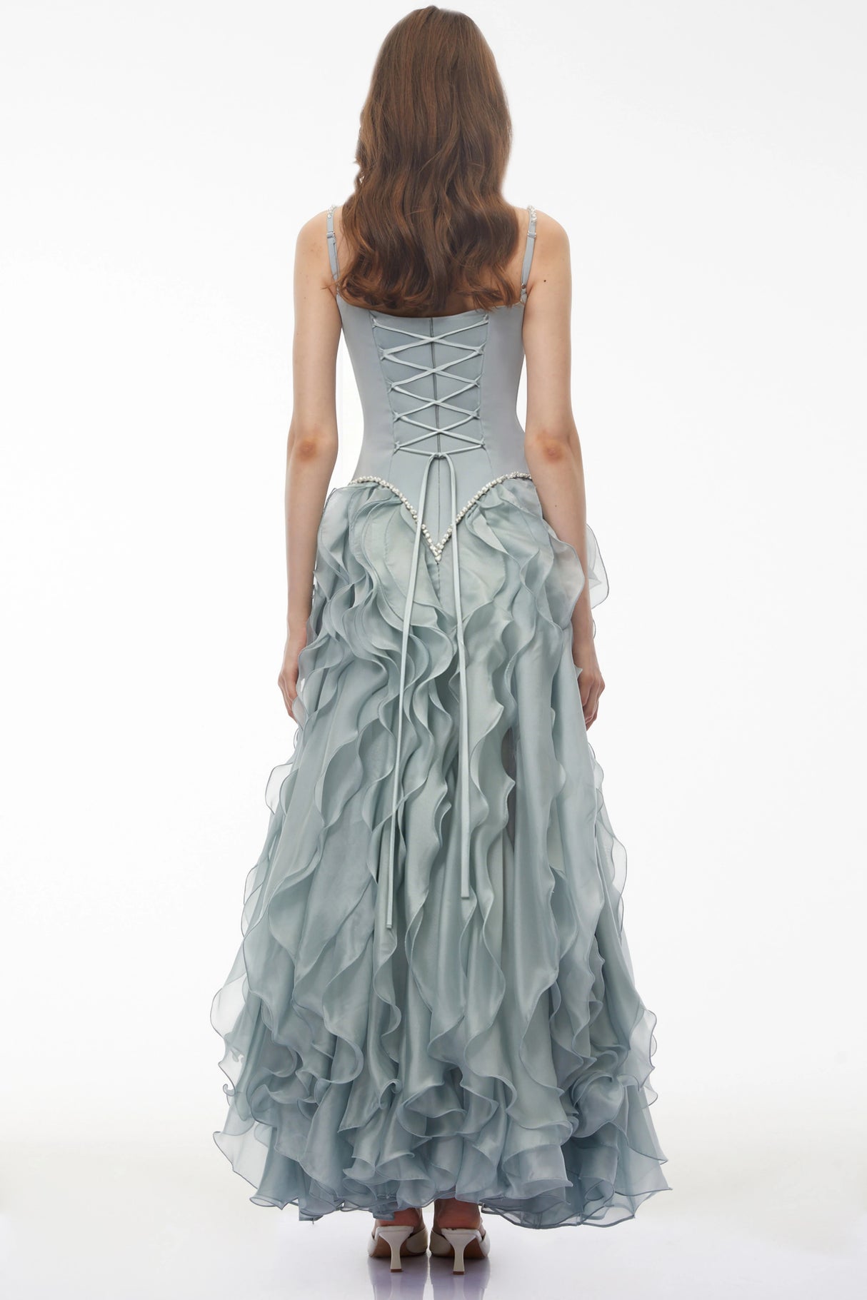 Ianthe Dusty Blue Ruffled Tulle Maxi Dress Without Gloves