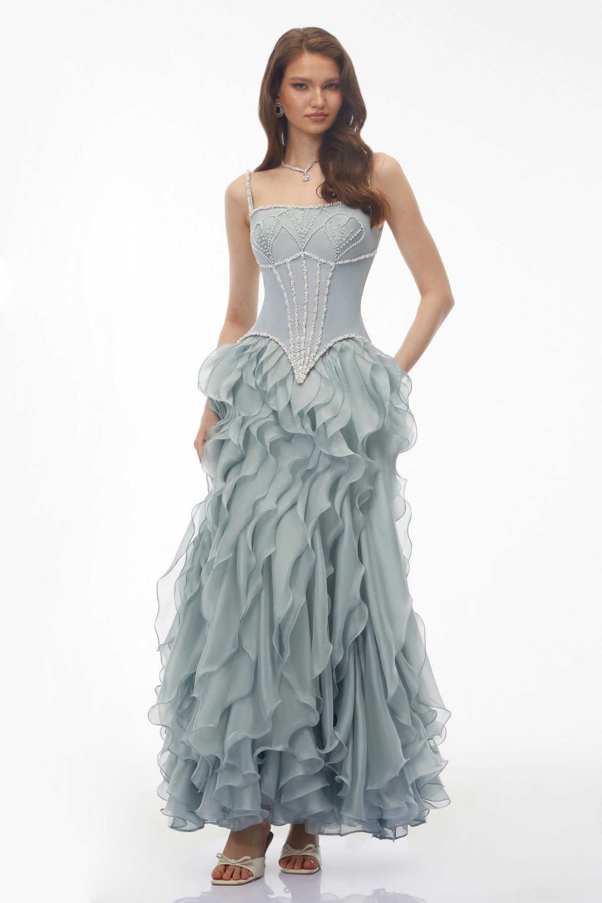 Ianthe Dusty Blue Ruffled Tulle Maxi Dress Without Gloves
