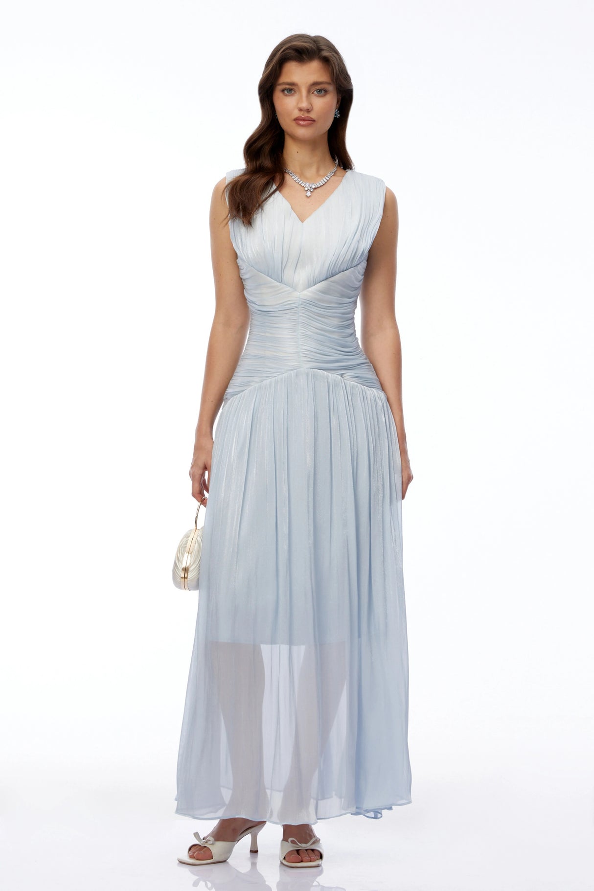 Ichika Light Blue VNeck Ruched Maxi Dress
