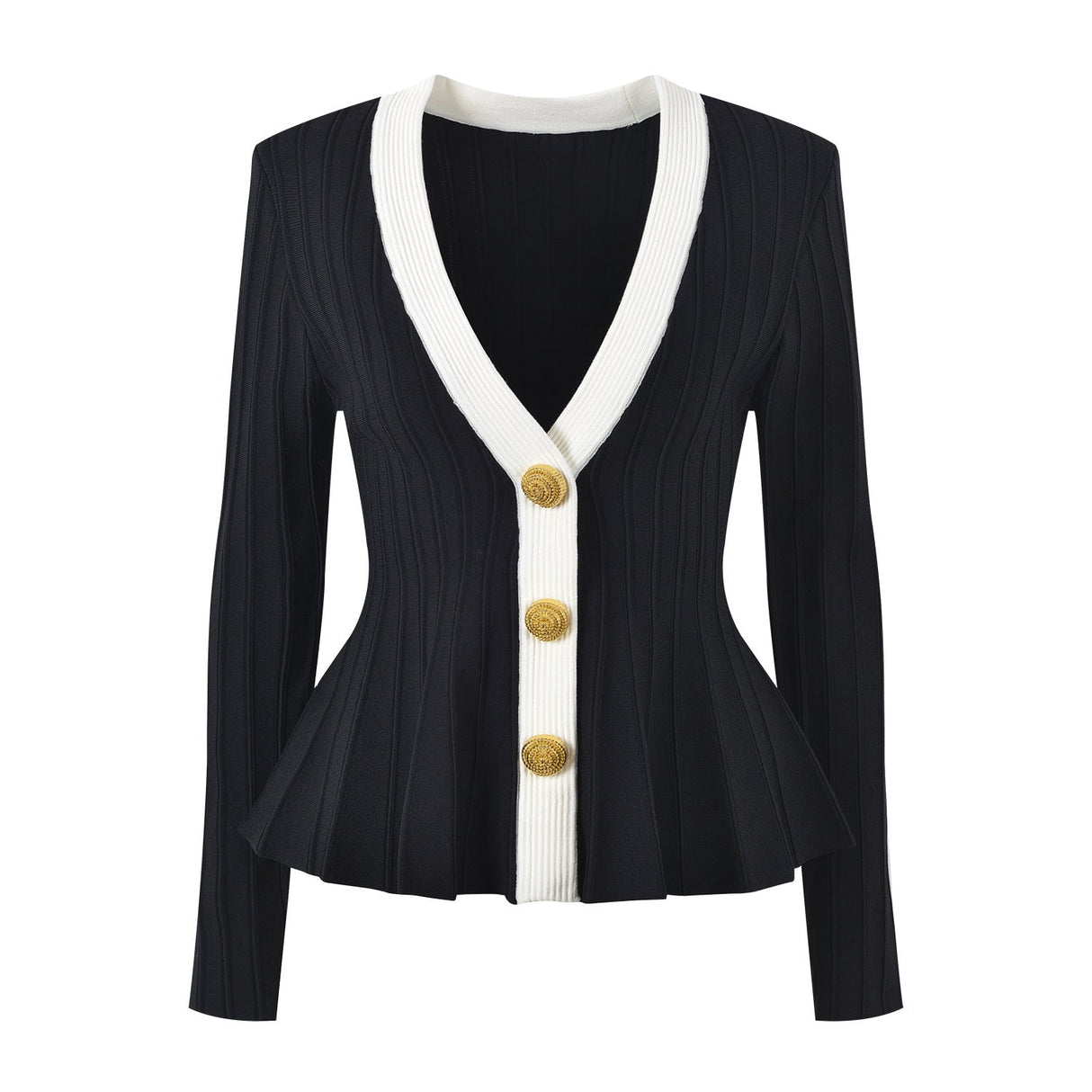 Ida Cardigan - Fitted Peplum Silhouette - Ribbed Texture - Tailored Fit - Chic Elegance - Gold Button Embellishments