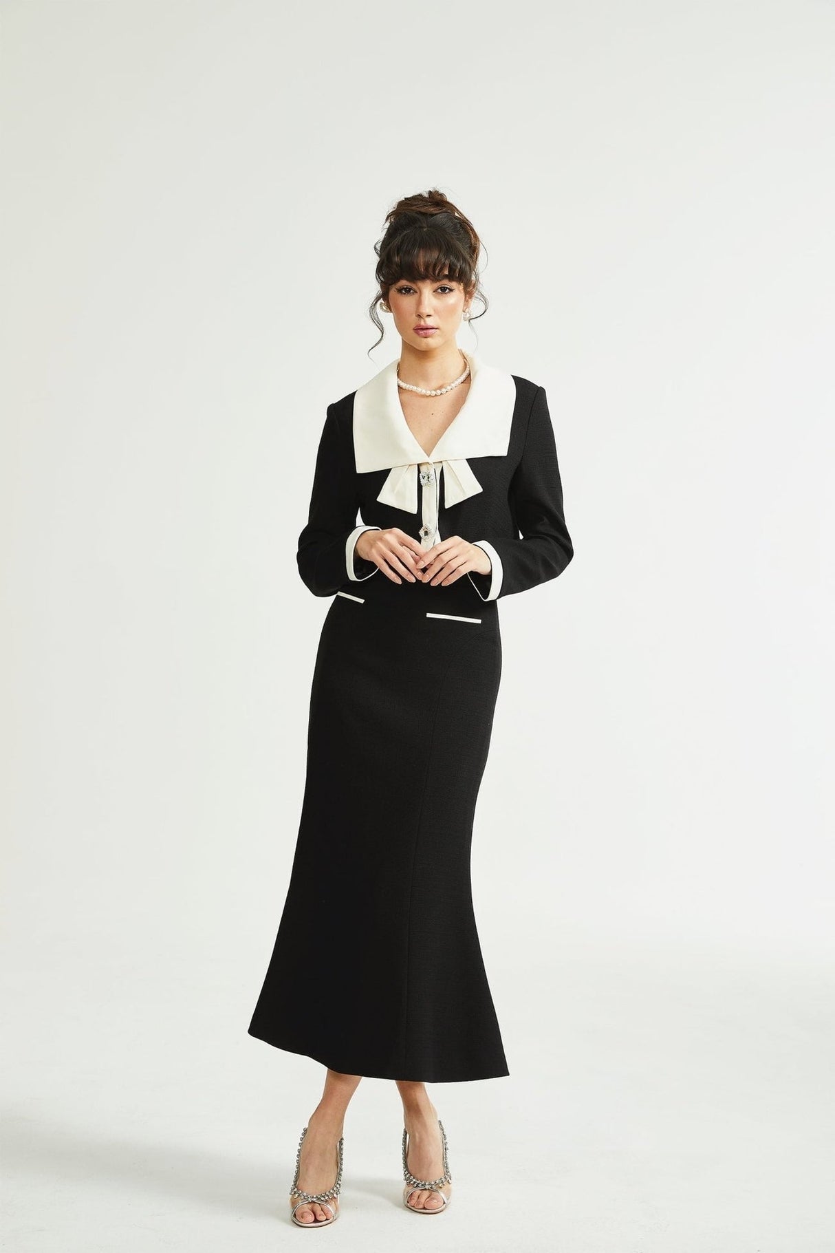 Ida Jacket & Skirt Set - Contrast Colors - Cropped Jacket - Flared Skirt - Front Button Fastening - Patch Pockets