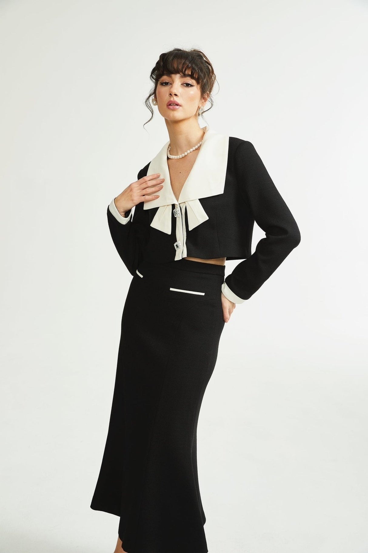 Ida Jacket & Skirt Set - Contrast Colors - Cropped Jacket - Flared Skirt - Front Button Fastening - Patch Pockets