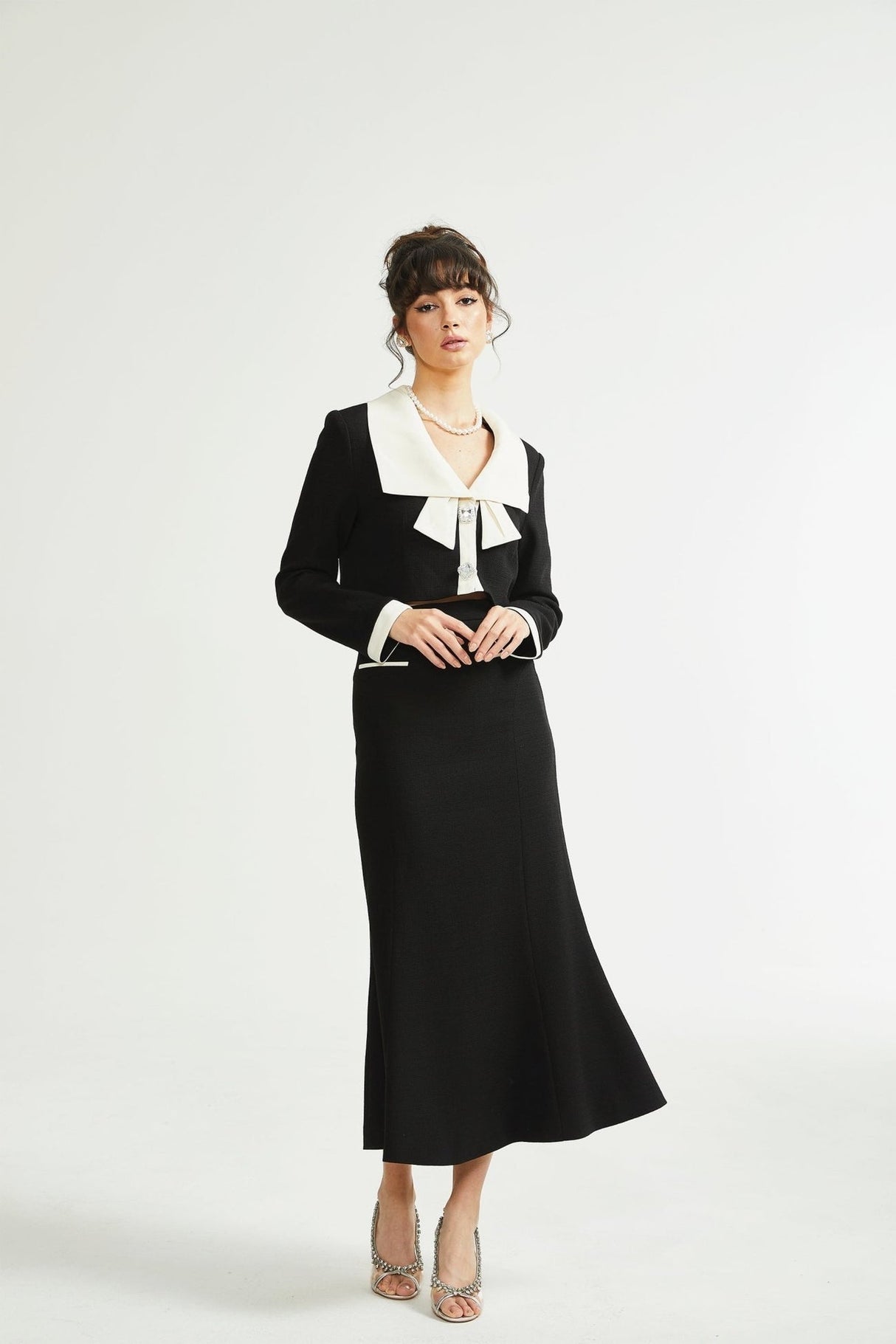 Ida Jacket & Skirt Set - Contrast Colors - Cropped Jacket - Flared Skirt - Front Button Fastening - Patch Pockets