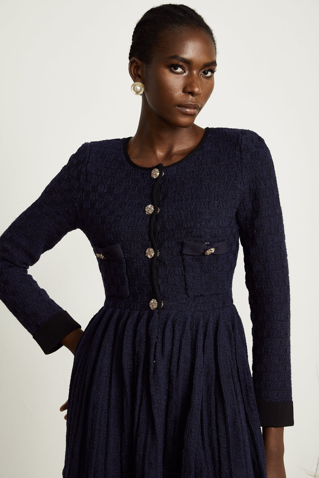 Ida Mini Dress - Round Neck - Long Sleeves - Contrasting Trim - Front Button Fastening