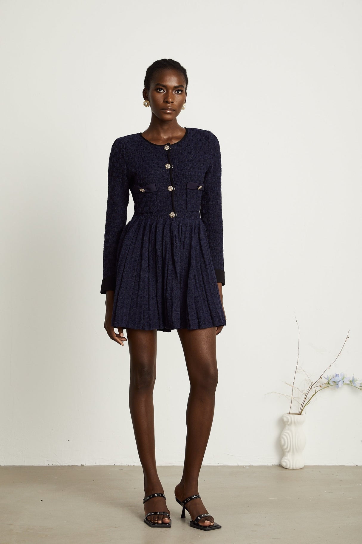 Ida Mini Dress - Round Neck - Long Sleeves - Contrasting Trim - Front Button Fastening