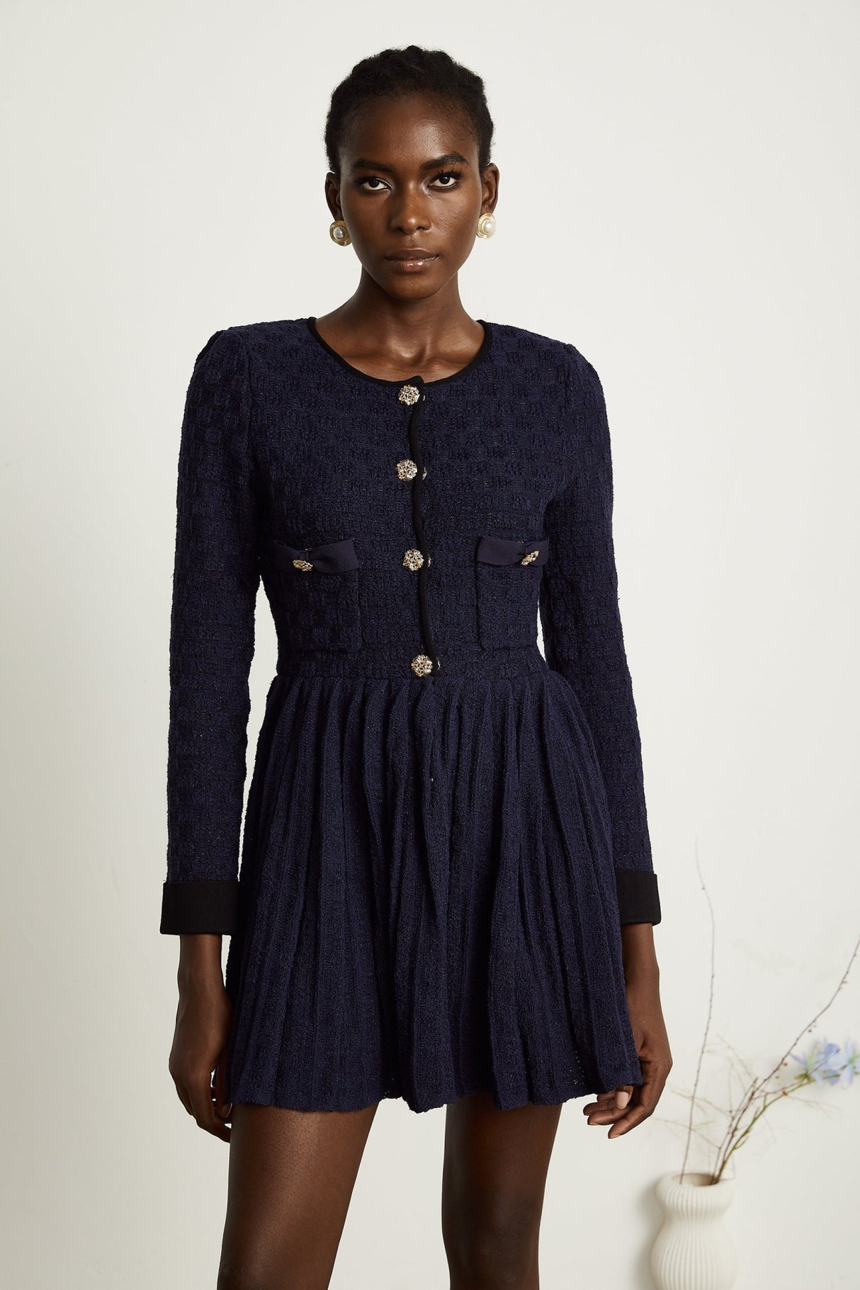 Ida Mini Dress - Round Neck - Long Sleeves - Contrasting Trim - Front Button Fastening