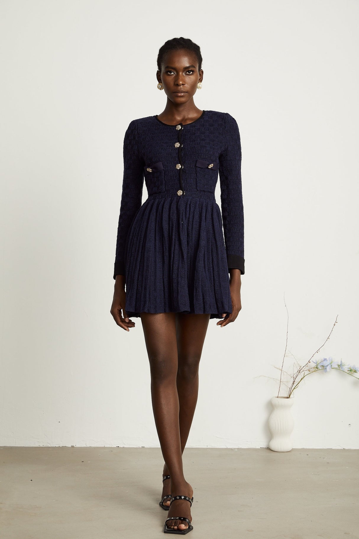 Ida Mini Dress - Round Neck - Long Sleeves - Contrasting Trim - Front Button Fastening