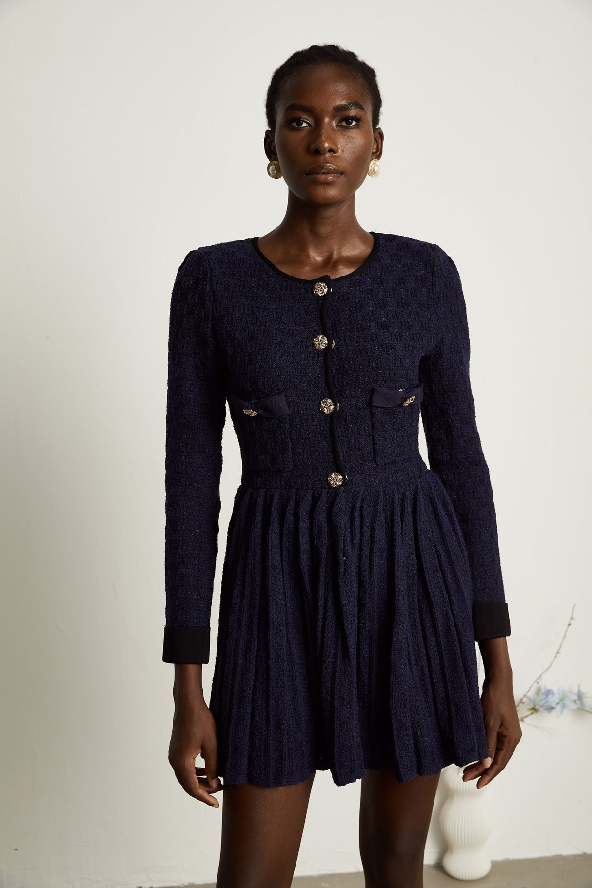 Ida Mini Dress - Round Neck - Long Sleeves - Contrasting Trim - Front Button Fastening