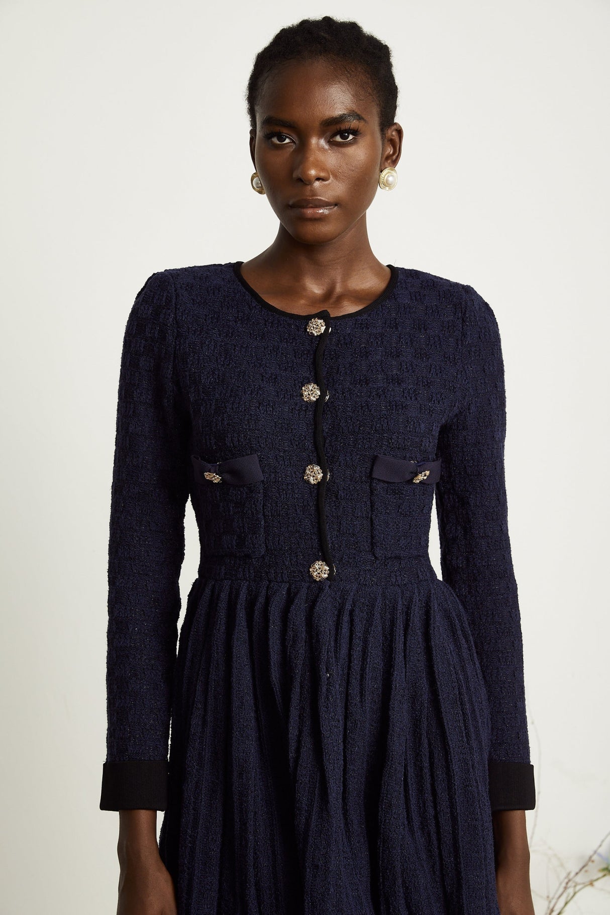 Ida Mini Dress - Round Neck - Long Sleeves - Contrasting Trim - Front Button Fastening