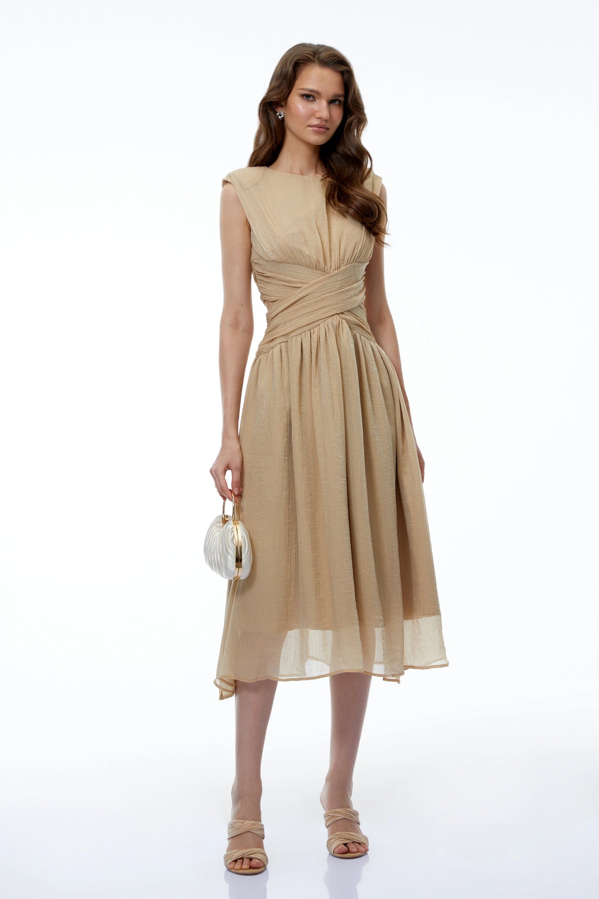 Ihaia Neutral Cross Front Ruched Midi Dress