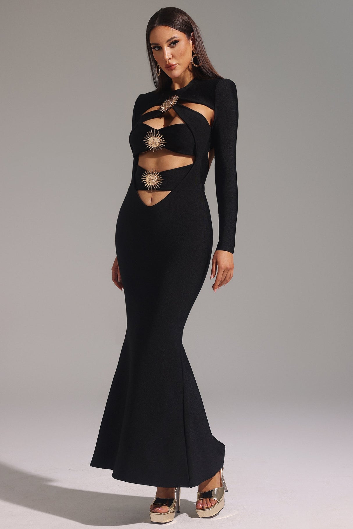 Ilaria Black Hollow Out Bandage Fishtail Dress with Embellishments