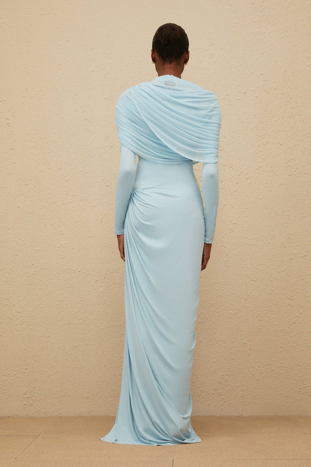 Ilaria Maxi Dress - Blue Mesh Shawl - Draped Detail - Pleated Asymmetrical
