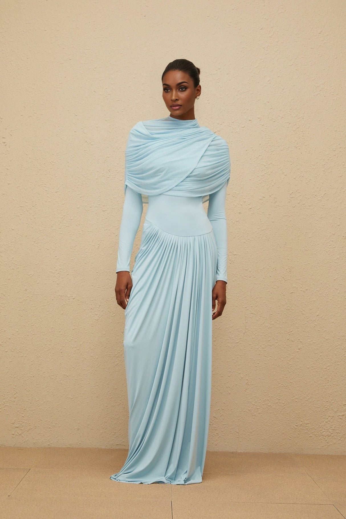 Ilaria Maxi Dress - Blue Mesh Shawl - Draped Detail - Pleated Asymmetrical