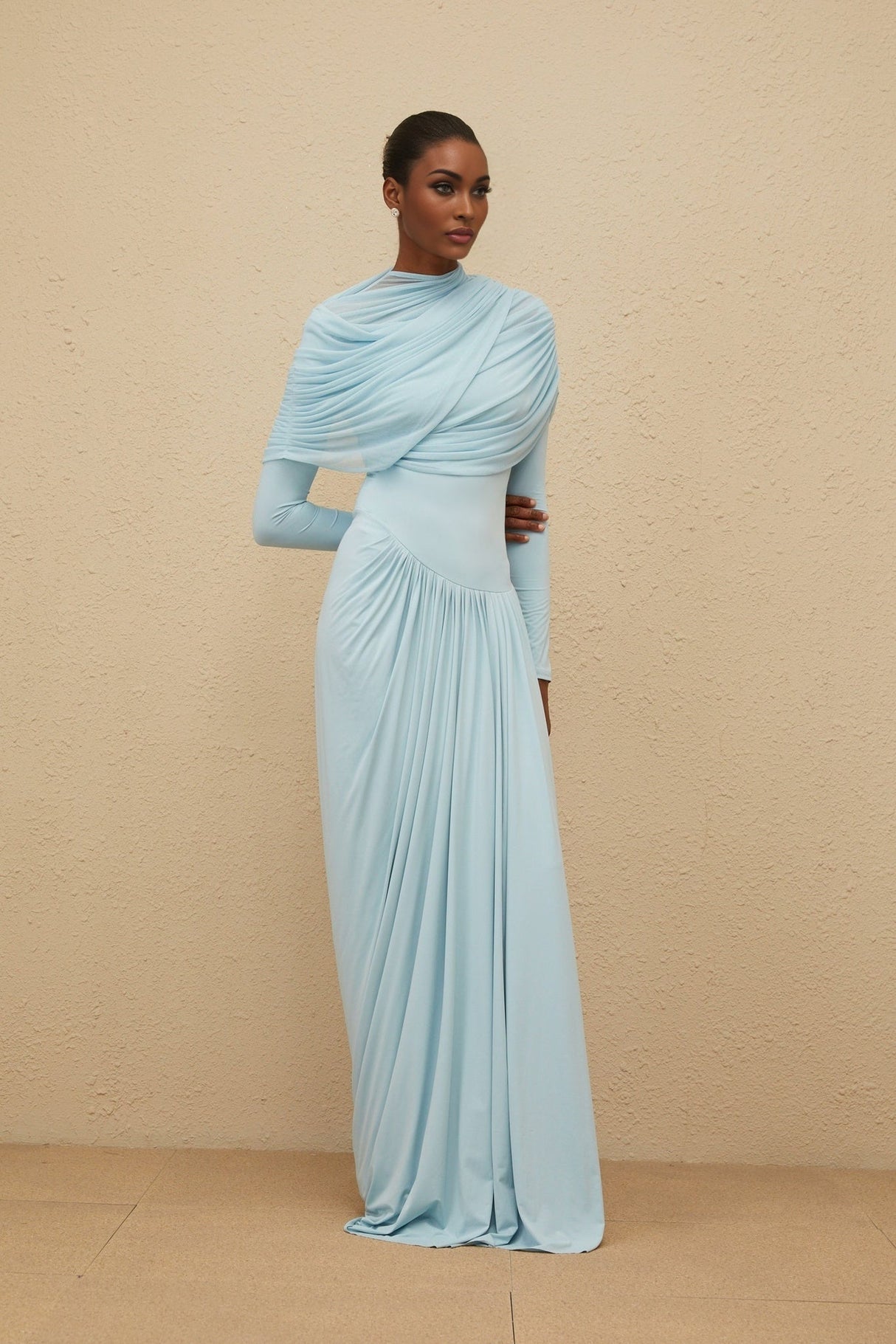 Ilaria Maxi Dress - Blue Mesh Shawl - Draped Detail - Pleated Asymmetrical
