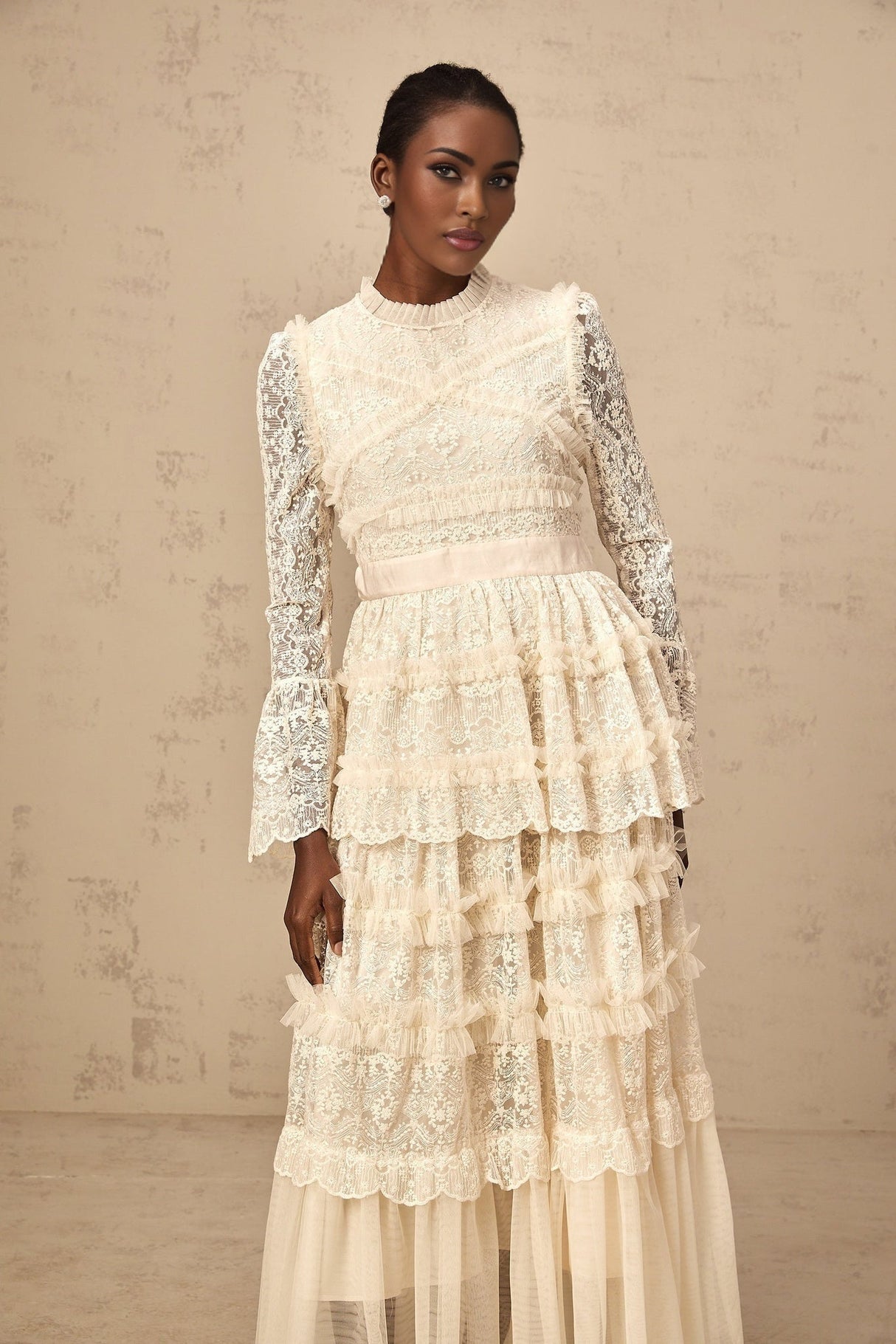 Ilaria Maxi Dress - Floral Lace - Tiered Skirt - Frilled Neck - Flared Cuffs - Layered Design