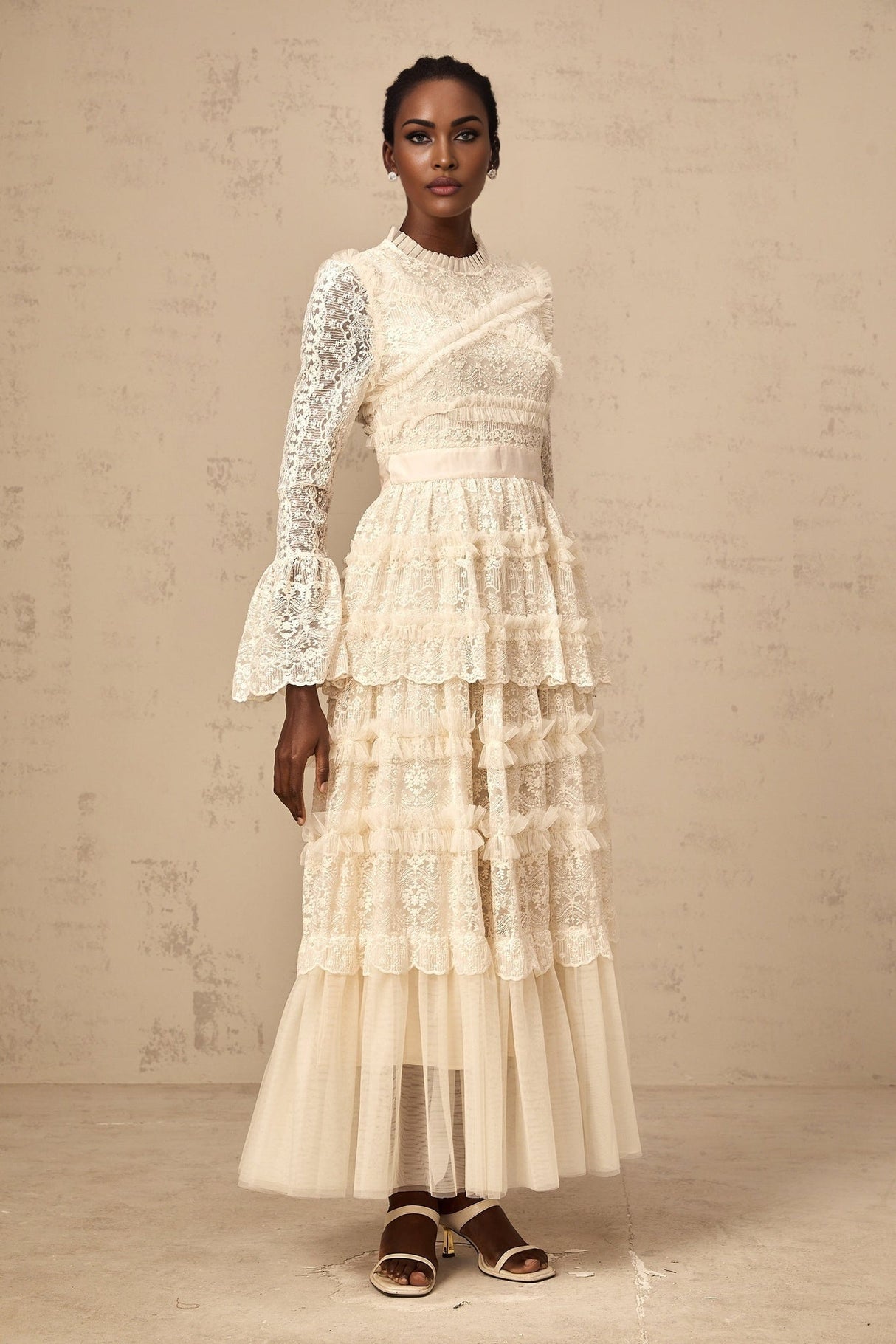 Ilaria Maxi Dress - Floral Lace - Tiered Skirt - Frilled Neck - Flared Cuffs - Layered Design