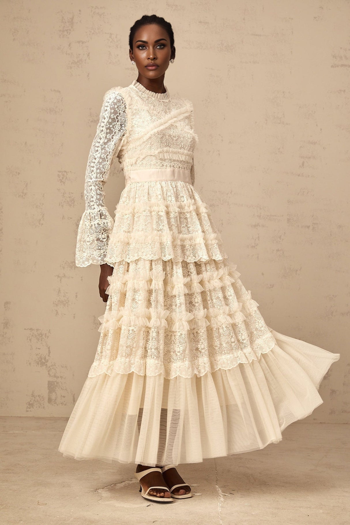 Ilaria Maxi Dress - Floral Lace - Tiered Skirt - Frilled Neck - Flared Cuffs - Layered Design