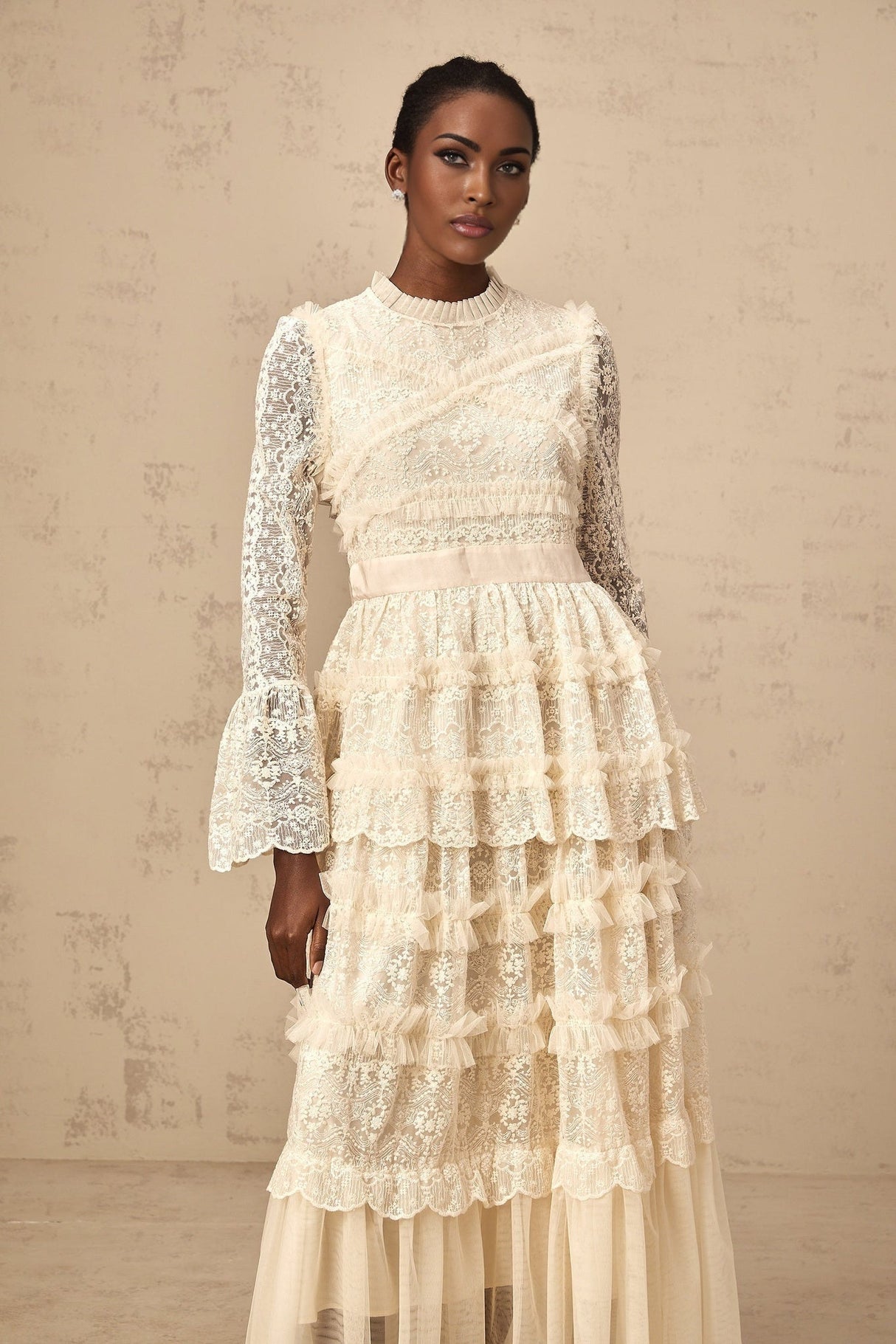 Ilaria Maxi Dress - Floral Lace - Tiered Skirt - Frilled Neck - Flared Cuffs - Layered Design