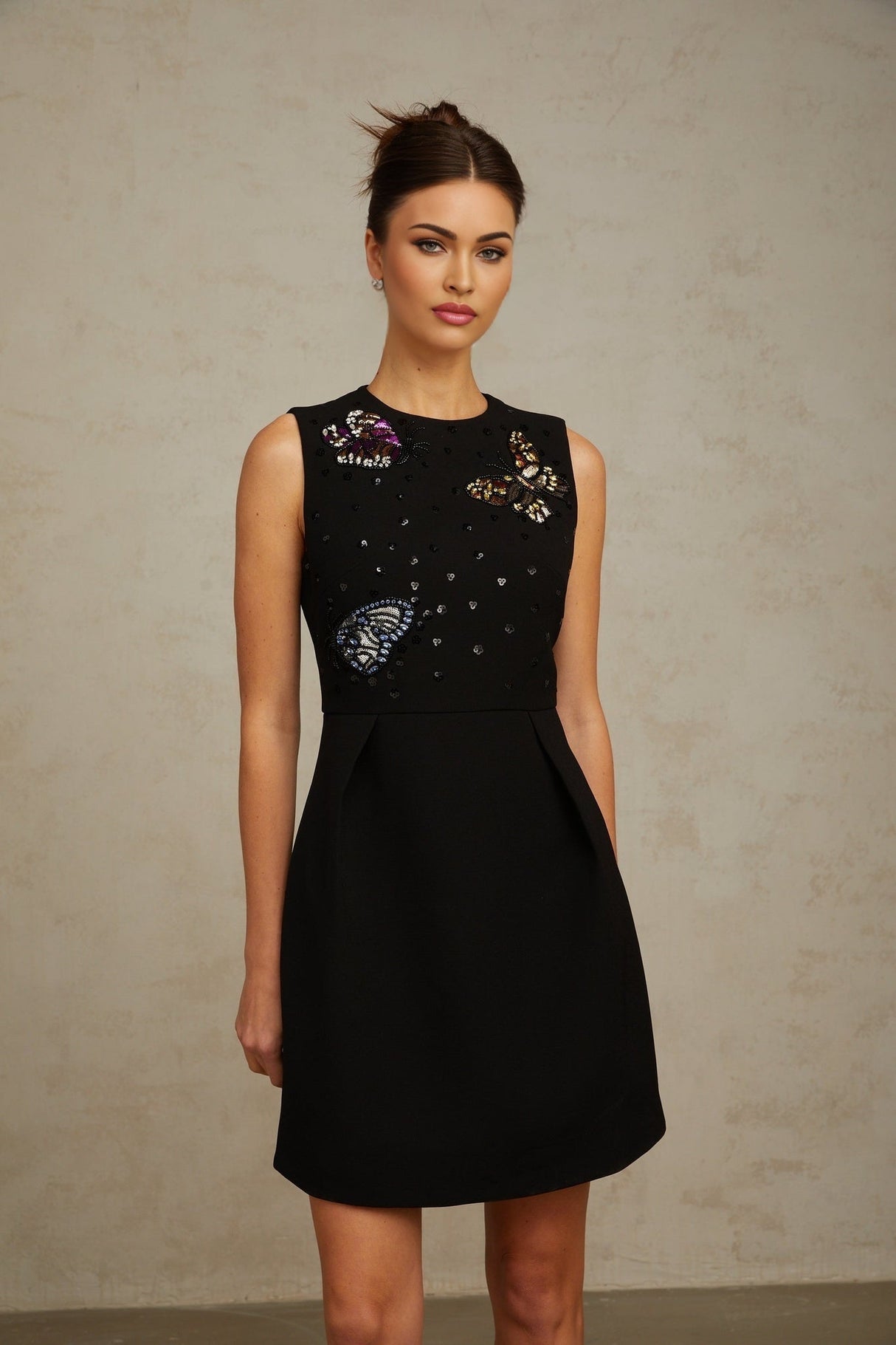Ilaria Mini Dress - Sleeveless - Round Neck - Butterfly Motif - Sequin Embellishment
