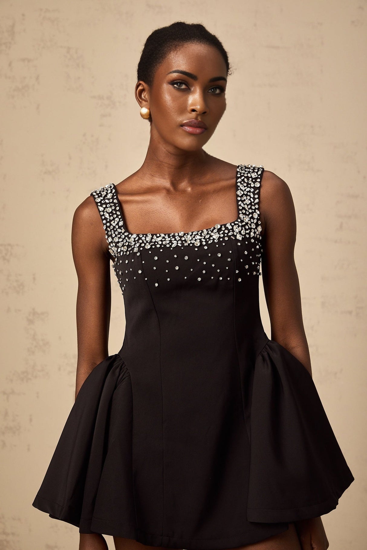 Ilaria Mini Dress - Square Neck - Sleeveless - Pleated Detailing - Crystal Embellishment