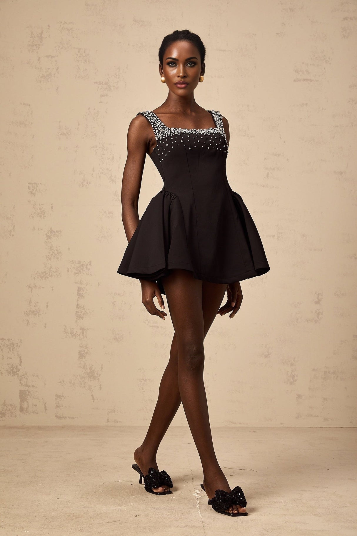 Ilaria Mini Dress - Square Neck - Sleeveless - Pleated Detailing - Crystal Embellishment