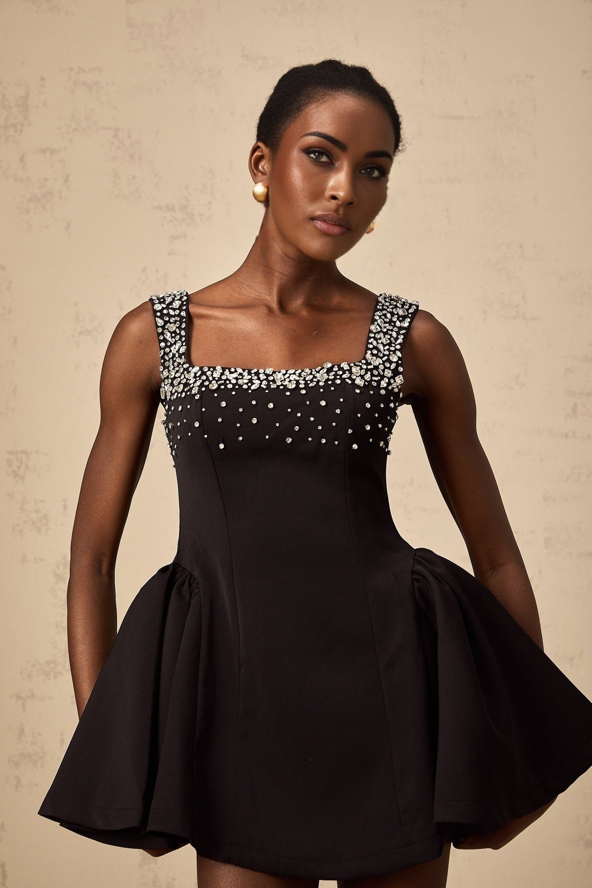 Ilaria Mini Dress - Square Neck - Sleeveless - Pleated Detailing - Crystal Embellishment