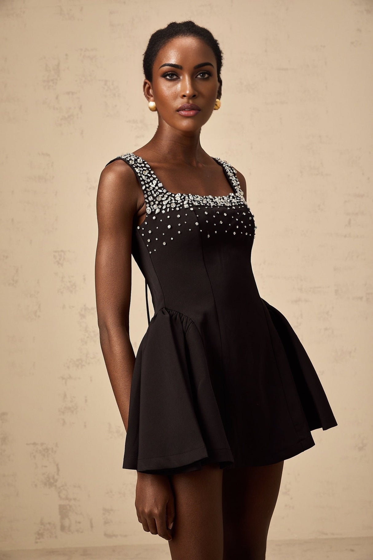 Ilaria Mini Dress - Square Neck - Sleeveless - Pleated Detailing - Crystal Embellishment
