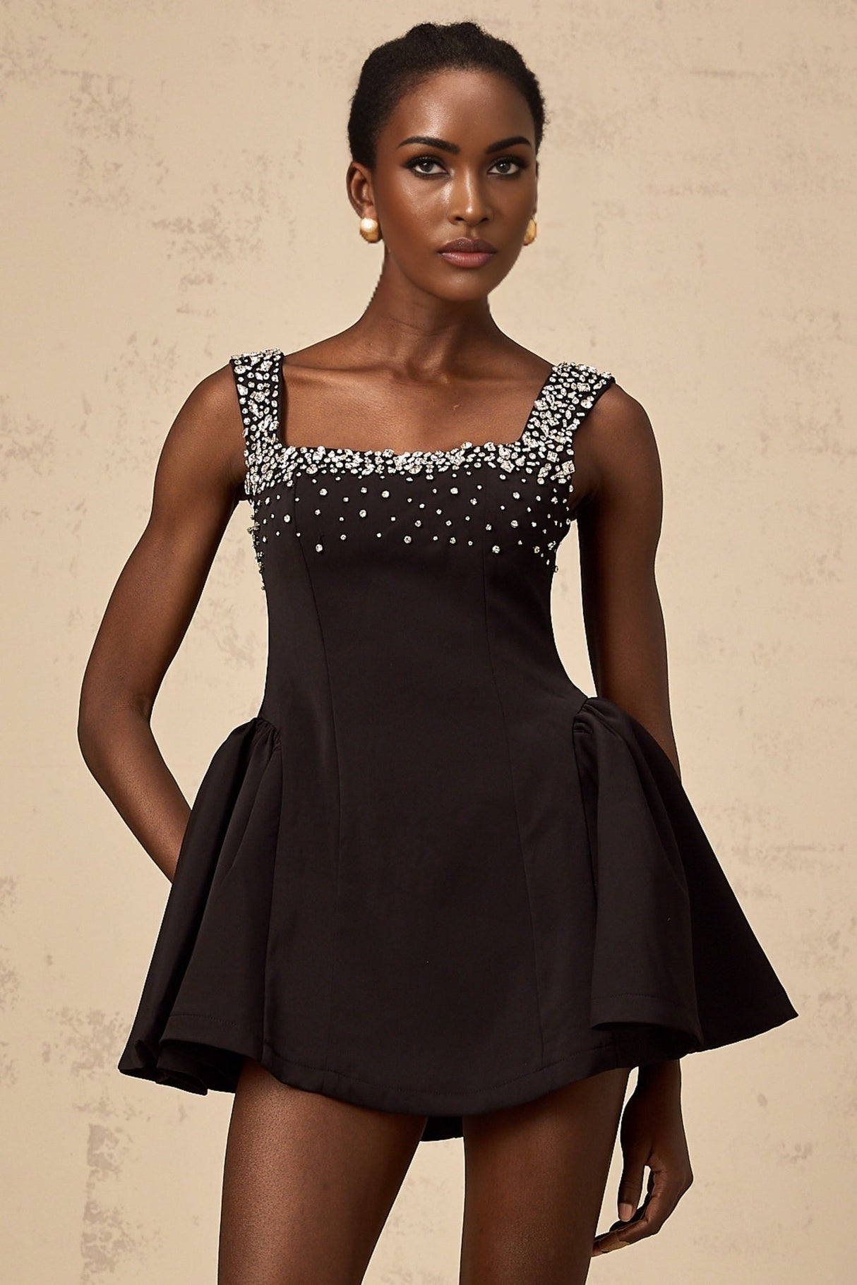 Ilaria Mini Dress - Square Neck - Sleeveless - Pleated Detailing - Crystal Embellishment