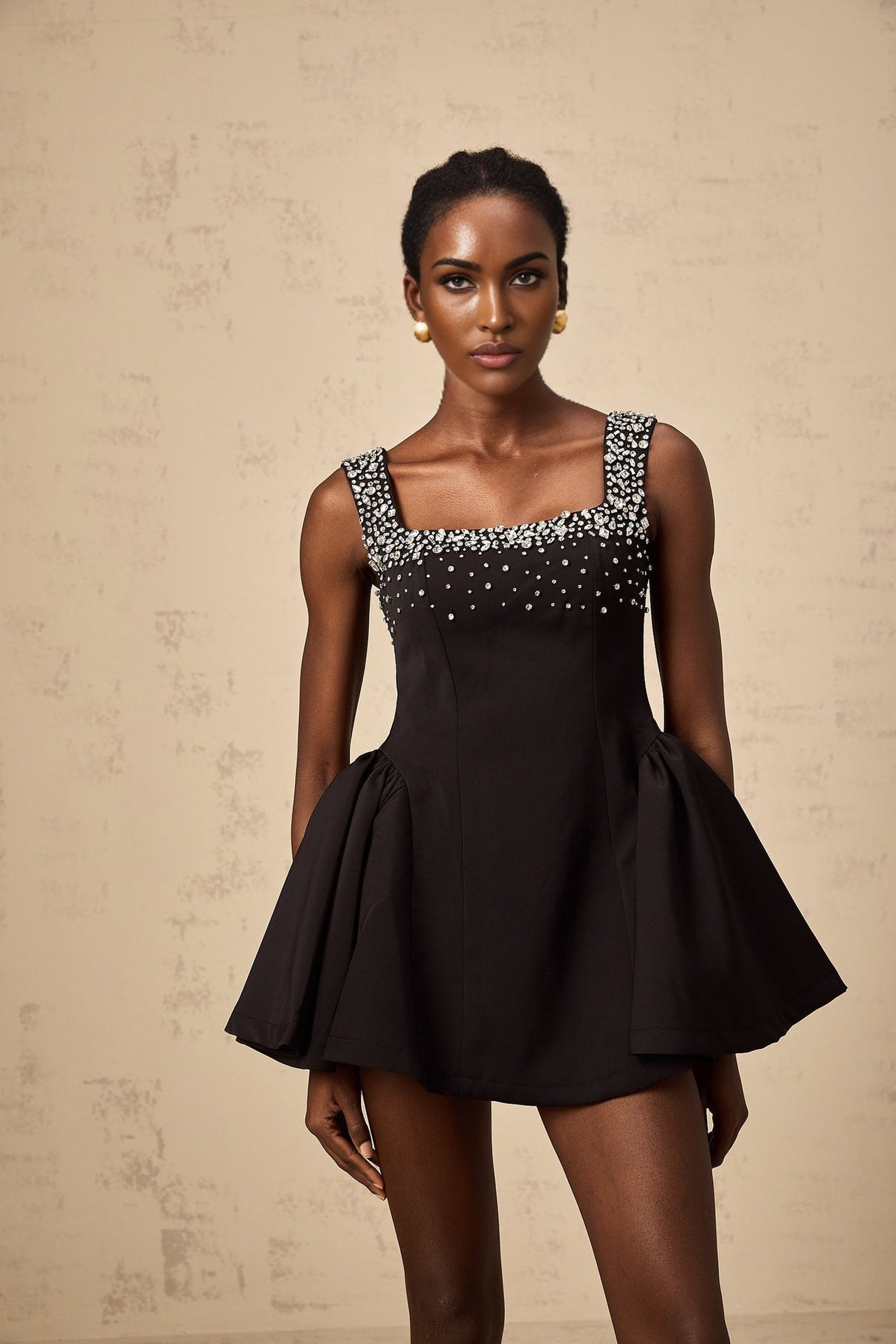 Ilaria Mini Dress - Square Neck - Sleeveless - Pleated Detailing - Crystal Embellishment