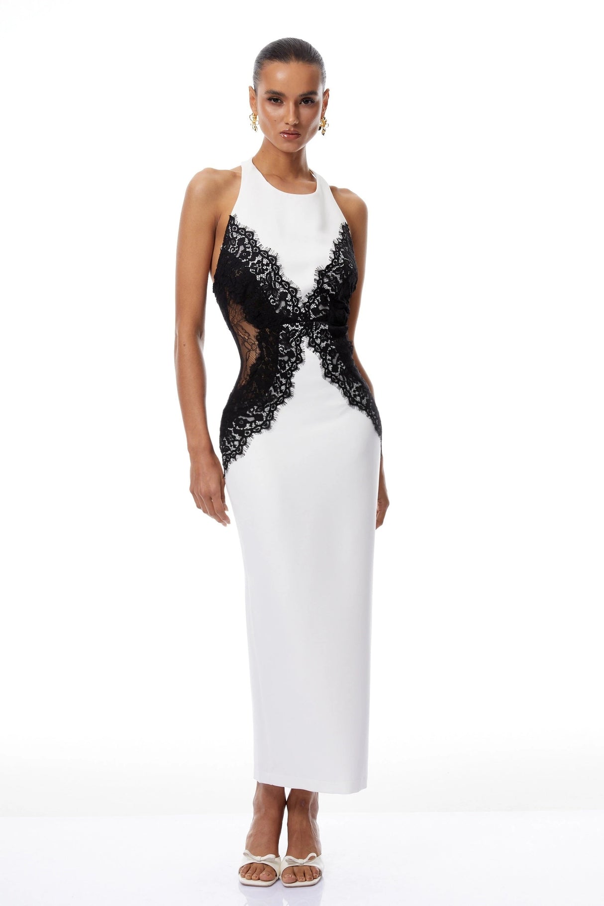 Ilaria White Halterneck Lace Panel Maxi Dress